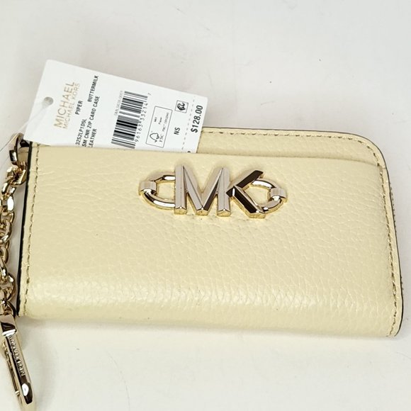 Michael Kors Piper Small Chain Zip Card Case Pebbled Leather - Buttermilk - NWT - Picture 8 of 9